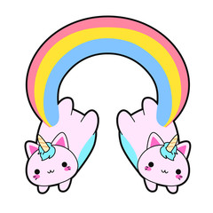 Illustration of a double cute fat pink cat with a horn and a long rainbow tail. This kawaii hybrid between feline and unicorn is full of happiness and is try to distribute equal love for all. This cat