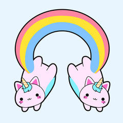 Illustration of a double cute fat pink cat with a horn and a long rainbow tail. This kawaii hybrid between feline and unicorn is full of happiness and is try to distribute equal love for all. This cat