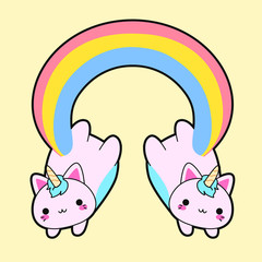 Obraz premium Illustration of a double cute fat pink cat with a horn and a long rainbow tail. This kawaii hybrid between feline and unicorn is full of happiness and is try to distribute equal love for all. This cat