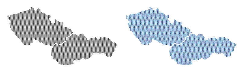 Pixelated Czechoslovakia map version. Vector territory schemes in black color and cold blue color tones. Abstract collage of Czechoslovakia map constructed from spheric dot matrix.