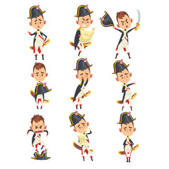 Napoleon Bonaparte cartoon character, French historical figure in different situations vector Illustration on a white background