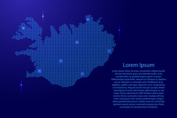Silhouette of Iceland country from wavy blue space sinusoid lines and glowing stars. Contour state of creative luminescence curve. Vector illustration.