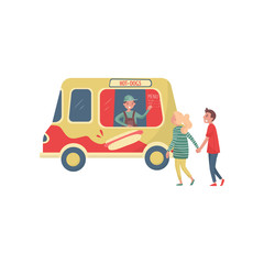 Young couple near hot-dog truck. Cheerful seller waving by hand. Van with traditional street fast food. Flat vector design