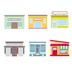 Set of multi-colored building facades on a white background