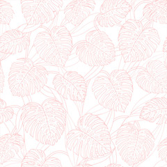 Vector tropical repeat pattern with monstera leaves outline on the white background. Backdrop design in pink pastel colors.