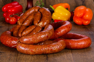 Pork sausages over wooden