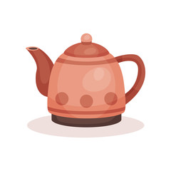 Small teapot with handle, lid and long spout. Kitchen utensil. Kettle for boiling water. Flat vector for banner or poster of household store