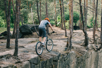 rear view of male cyclist in helmet performing stunt on mountain bike