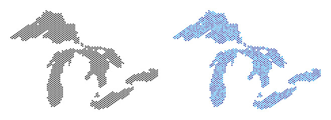 Pixelated Great Lakes map variants. Vector territory plans in black color and blue color tints. Abstract collage of Great Lakes map done from small circle dot pattern.