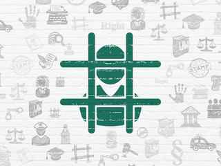 Law concept: Painted green Criminal icon on White Brick wall background with  Hand Drawn Law Icons