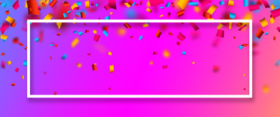 Pink festive banner with colorful confetti.