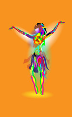 Multicolored abstraction with a dancing girl, colorful woman dancing. Vector orange background - obrazy, fototapety, plakaty