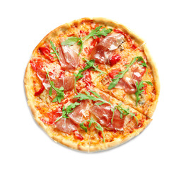 Tasty hot pizza with meat on white background
