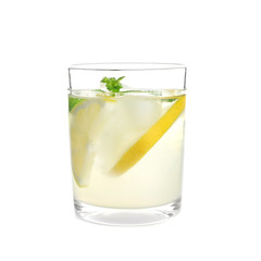 Glass with natural lemonade on white background