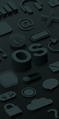 Black 3d operating system background with web symbols.