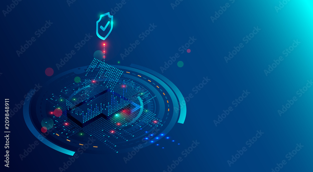 Poster Smart Home Security System concept background. Protection software of IOT or internet of things. Cyber security of house devices. 3D isometric home of lights digits protected shield.