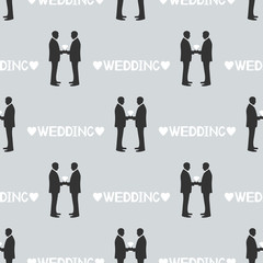 Seamless pattern with silhouettes of the grooms, hearts and words Wedding. Same-sex marriage.