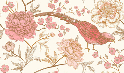 Seamless pattern with exotic bird pheasants and peony flowers.