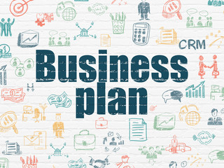Finance concept: Painted blue text Business Plan on White Brick wall background with  Hand Drawn Business Icons