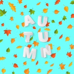 Word AUTUMN composition with green yellow red leaves on blue background in paper cut style. Fall leaf 3d realistic letters for design poster, banner, flyer T-shirt printing. Vector card illustration