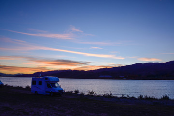 Cromwell , NEW ZEALAND - May 3, 2016: Lowburn Harbour  camping site in sunrise time