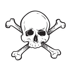 Jolly Roger human skull with crossbones isolated hand drawn vector illustration. Print, logo template, poster, sticker, flash tattoo or t-shirt design.