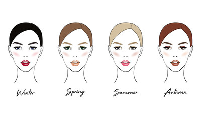 Face makeup set. Seasonal color types for women skin beauty set: Summer, Autumn, Winter, Spring. Young female faces, make up shades matching each type. Vector illustration. - 209850927