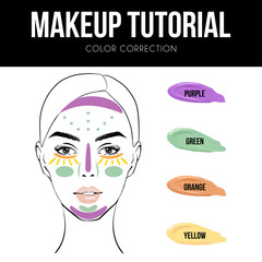 Makeup tutorial: How To Use Color Correcting Concealer. Vector Illustration of woman face chart and Color Shades Palette For Corrector Make Up. Color-Correction Tutorial Isolated On White Background.