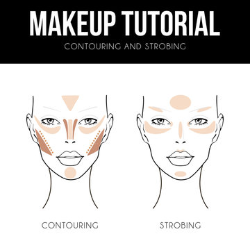 Contouring guide tutorial. Makeup Template of female face chart. Vector illustration of pretty young woman. Strobing, Highlighting and Contouring technique. Professional make up chart.