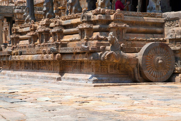 Galloping horse and niches on plinth of agra-mandapa, Airavatesvara Temple, Darasuram, Tamil Nadu. View from South East.