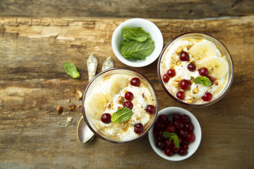 Homemade berry and banana trifle dessert