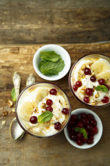 Homemade berry and banana trifle dessert