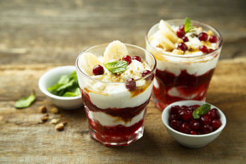 Homemade berry and banana trifle dessert