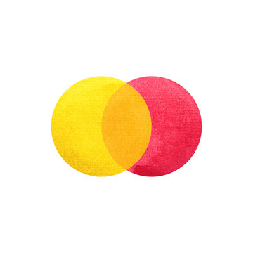 2 primary colors, red yellow watercolor painting circle round on white paper texture background