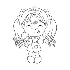 Cute baby unicorn holding ice cream, coloring page for girls. Vector.