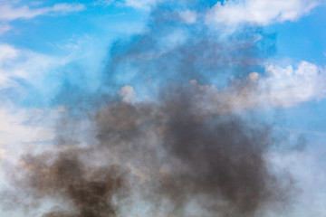 Black smoke against a blue sky with clouds