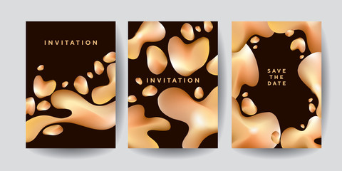 Gold natural wavy shapes poster template on black background.