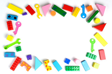  frame made of music accessories for children on white background. top view. copy space.