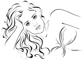 Original graphic portrait of a young attractive girl in a swimsuit with long wavy hair. Vector illustration