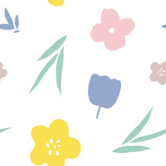 Pastel floral seamless pattern. Vector naive background with flowers and leaves