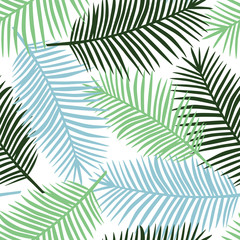 light green gark green and blue palm leaves on a white background exotic tropical hawaii pastel summer seamless pattern vector