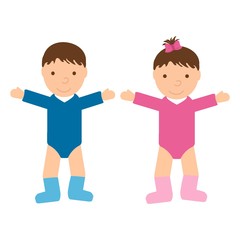 Cute baby boy and baby girl isolated on white background. Children in flat style. Vector illustration