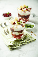 Homemade berry and banana trifle dessert