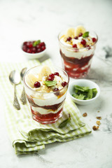 Homemade berry and banana trifle dessert