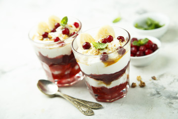 Homemade berry and banana trifle dessert