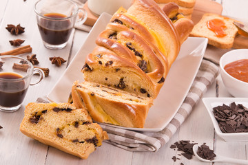 Brioche with chocolate chips.