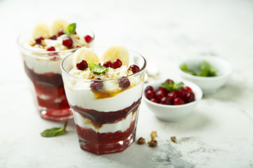 Homemade berry and banana trifle dessert