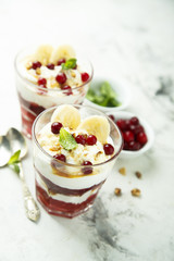 Homemade berry and banana trifle dessert
