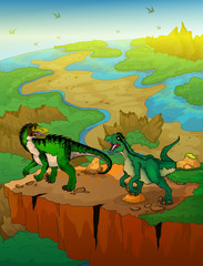 Baryonyx and raptor with landscape background. Vector illustration.