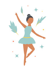 Summer poster. Dancing girl and tropical leaves